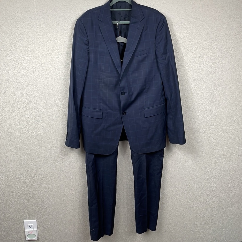 Z Zegna Navy Blue Windowpane Check Suit Wool Business Career Sz 52L